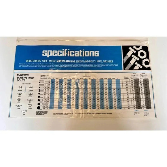 VINTAGE Work Shops Hardware Specifications Chart Poster Nuts & Bolts Laminated - Picture 1 of 9